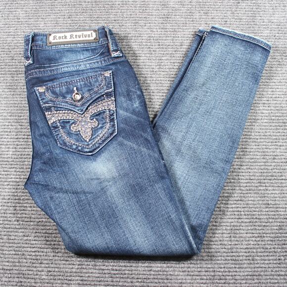 Rock Revival Jeans Womens 27 Blue Easy Ankle Skinny Kerra Rhinestone - Picture 1 of 10